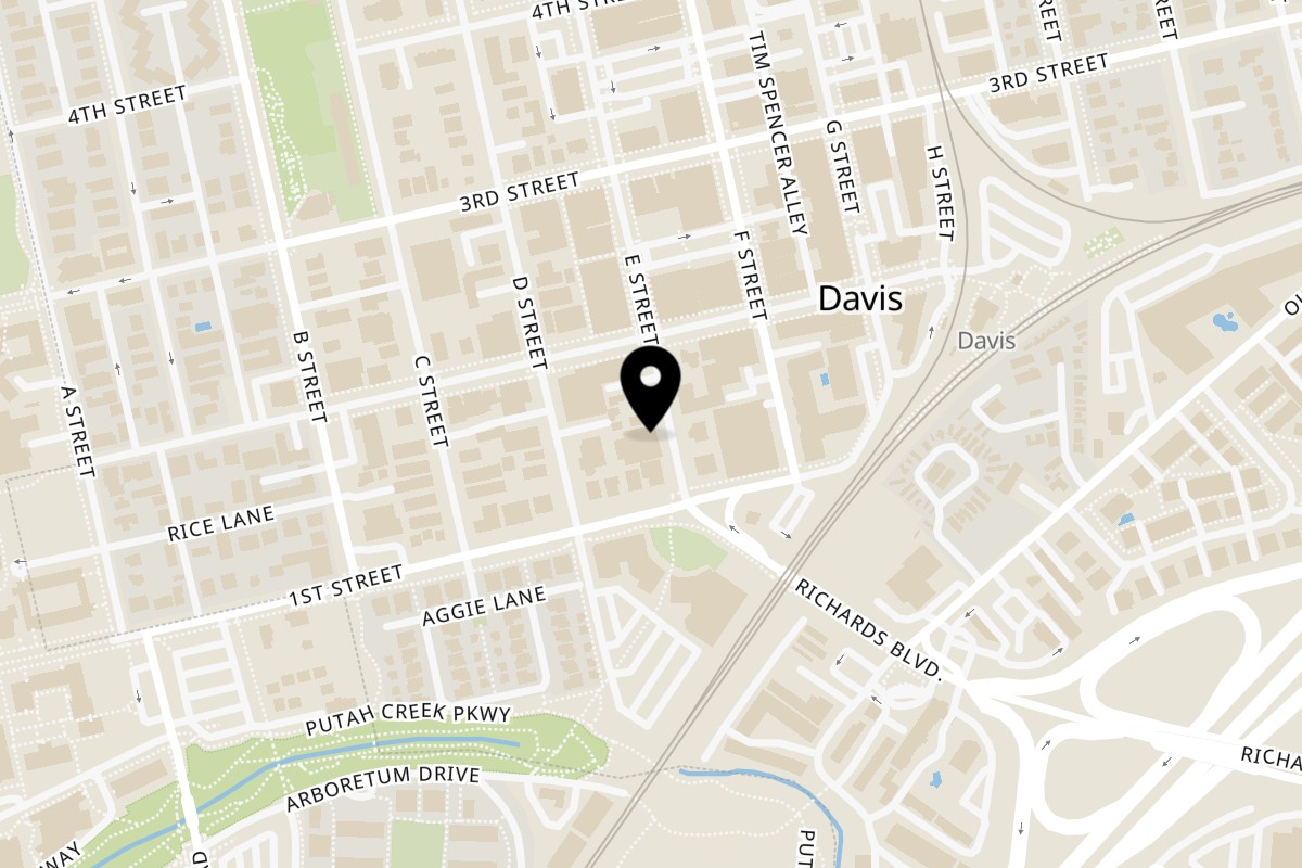 Map showing the location of Thai Canteen on 117 E St in Davis